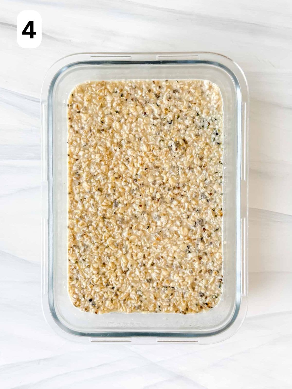 hemp seeds overnight oats in a glass dish labelled number four.