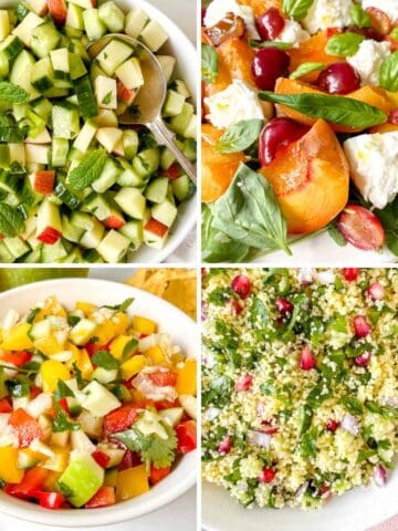 collage of salads without tomatoes including caprese salads, tabbouleh, salsa and cucumber salad.