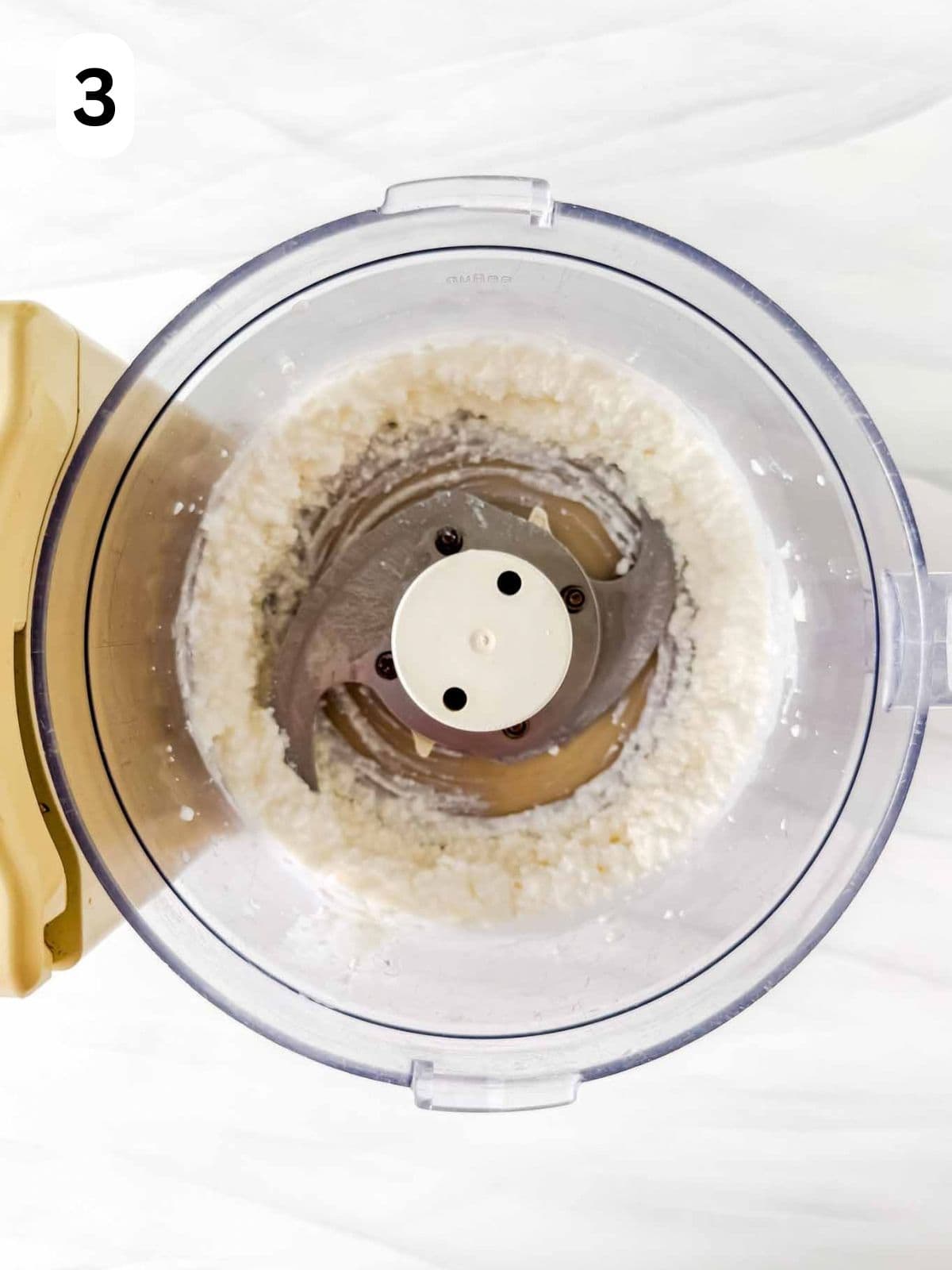 whipped cottage cheese in a food processor labelled number three.